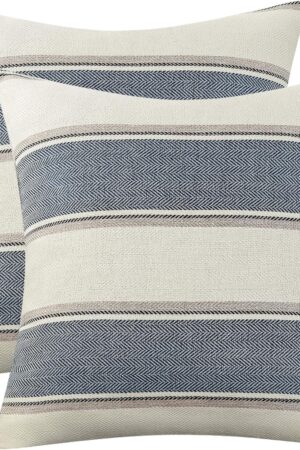 Pack of 2 Farmhouse Linen Throw Pillow Cover Cushion Stripe Decoration Buffalo Retro Pillowcase with Hidden Zipper for Sofa Bedroom Car 18 x 18 Inch Blue