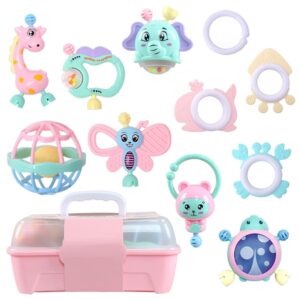 Rattles for Infants Teething Toys for Babies 3-6-12 Months Developmental Baby Early Education Toys Newborn Silicone Puzzle Teether To Girl Toy Giraffe Elephant Toys (11-Pack)