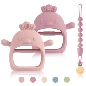 3 Packs Baby Teether Toy for 0-6 6-12 Months,Hold & Wear,BPA Free,Food Grade Silicone Teething Mitten, Anti Dropping Wrist Hand Teethers Baby Chew Toys for Sucking Needs(Pink & Dark Pink)