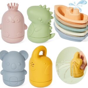 Mold-Free Baby Bath Toys | 9PCS Floating Boats & Squeeze Toys for Babies 6-12M & Toddlers 1-3Y | Non-Toxic Bathtub, Pool & Water Table Toys | Silicone Sensory Bath Play with Safe Stacking Boats
