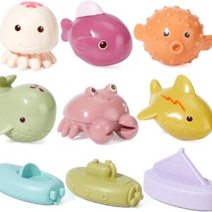 Mold-Free & No Holes Baby Bath Toys for 6-12 Months & Kids Ages 1-3 | 9 Pack Animal & Floating Boats Bathtub Float Toys | Pool Shower Water Play | Baby Gift for Toddlers, Girls & Boys