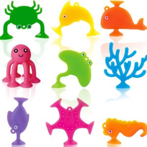 Suction Bath Toys for Kids, 9 PCS Silicone Ocean Animal Suction Cup Toys, Mold Free No Hole Bathtub Toy, Sensory Window Building Toy Gifts for Toddler Children Kids Over 1 Years