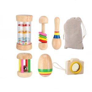 Wooden Sensory Toy for Toddlers, Montessori Baby Rattle with Rainstick, Maracas, Sand Ball, Hand Bell, Drum Rattle, Kaleidoscope, Natural Musical Instrument Infant Toy, Birthday Gift for Boys & Girls