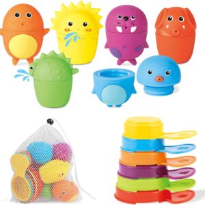 Mold Free Bath Toys for Toddlers 1-3,12PCS Silicone Toys with Rainbow Floating Spoons & Mesh Bag Storage, Water Table Toys for Infants 6-12 Months,Idea Soft Teething Water Pouring Games Stacking Toys