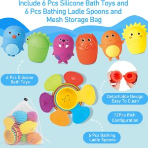 Mold Free Bath Toys for Toddlers 1-3,12PCS Silicone Toys with Rainbow Floating Spoons & Mesh Bag Storage, Water Table Toys for Infants 6-12 Months,Idea Soft Teething Water Pouring Games Stacking Toys