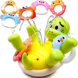 Swimming Turtles Bath Toy, Cute Baby Bath Toys with One-Touch Water Spray Button, Rechargeable Pool Bath Toys for Kids Ages 1-3, Toddler Bathtub Toys with 5 Rings, Water Toys for Toddlers 1-3 Gift