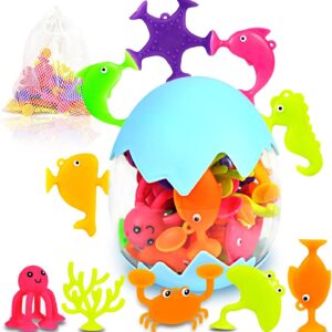 Suction Bath Toys for Kids, 18 Pcs Silicone Ocean Animal Suction Cup Toys with Eggshell & Bag, No Hole Mold Free Bath Toy, Sensory Window Building Toys for Toddlers Boys Girls 3 4 5 6 Year Old